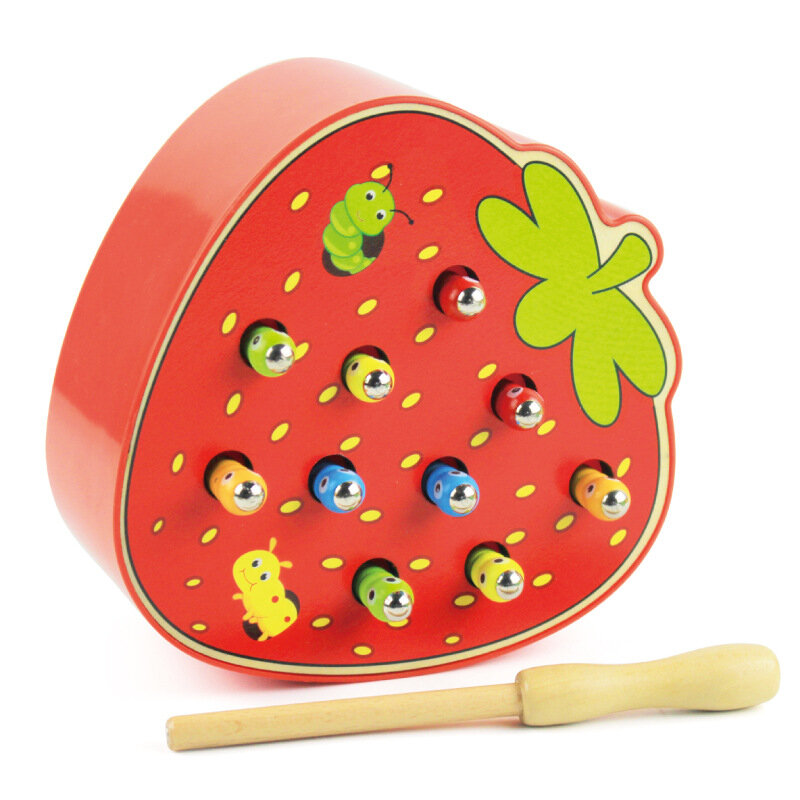 3d wooden puzzle toy magnetic capture cognitive worm game strawberry apple grab ability early educational toys for kids