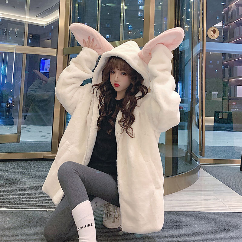New Autumn Winter Gothic Harajuku Hoodies Cute Rabbit Ears Kawaii Black Hooded Outwear Women Sweet Korean Loose Warm Plush Coats
