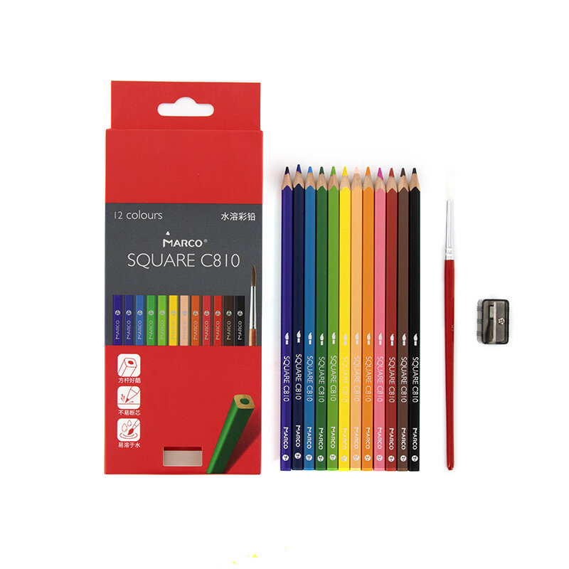 Marco aquarela lápis 12 cor quadrado forma desenho suave solúvel em água colorido lápis conjunto de tinta pincel caneta estudante arte suprimentos