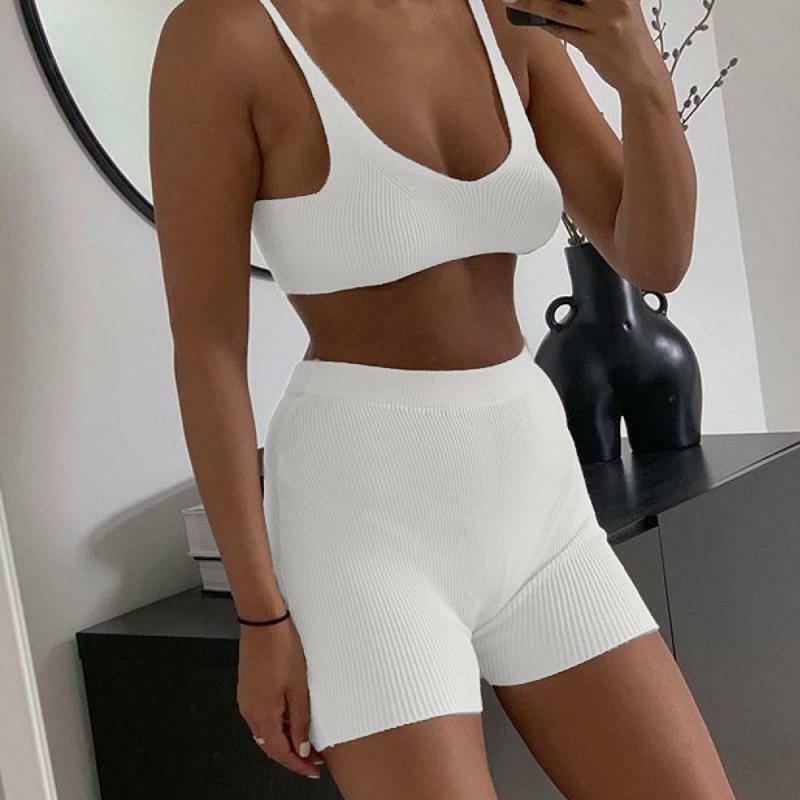New spring and summer transparent rib knit home wear women's suit sexy pajamas suit ladies halter strap solid color 2-piece set