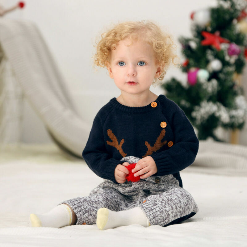 아기 남아 크리스마스 롬퍼 순록 니트 점프수트, 유아 여아 새해 의상, 어린이 따뜻한 양모 옷, 0-2 세