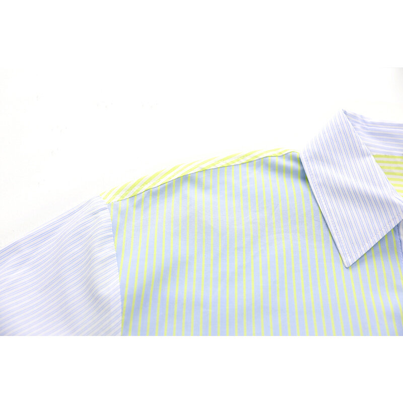 قمصان النساء شريطية طويلة الأكمام زر المرقعة قميص مقيد بلوزات و التباين اللون بلوزة 2021 الخريف الربيع موضة عادية