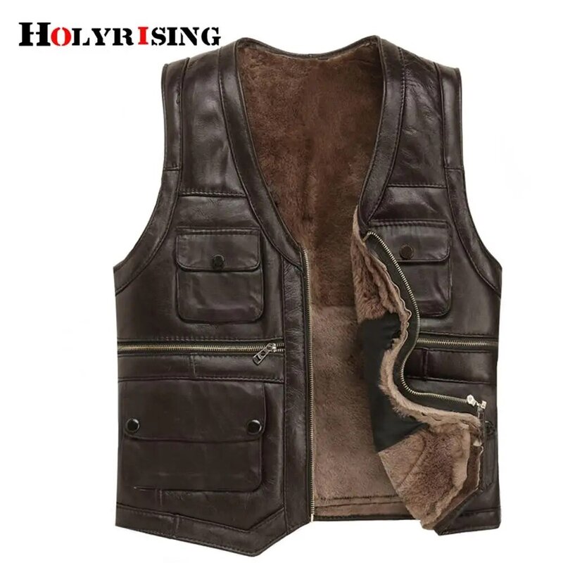 Holyrising-معطف جلد الغنم الفاخر للرجال ، سترة جلدية وهمية بجيوب سوداء وبنية 19246-5