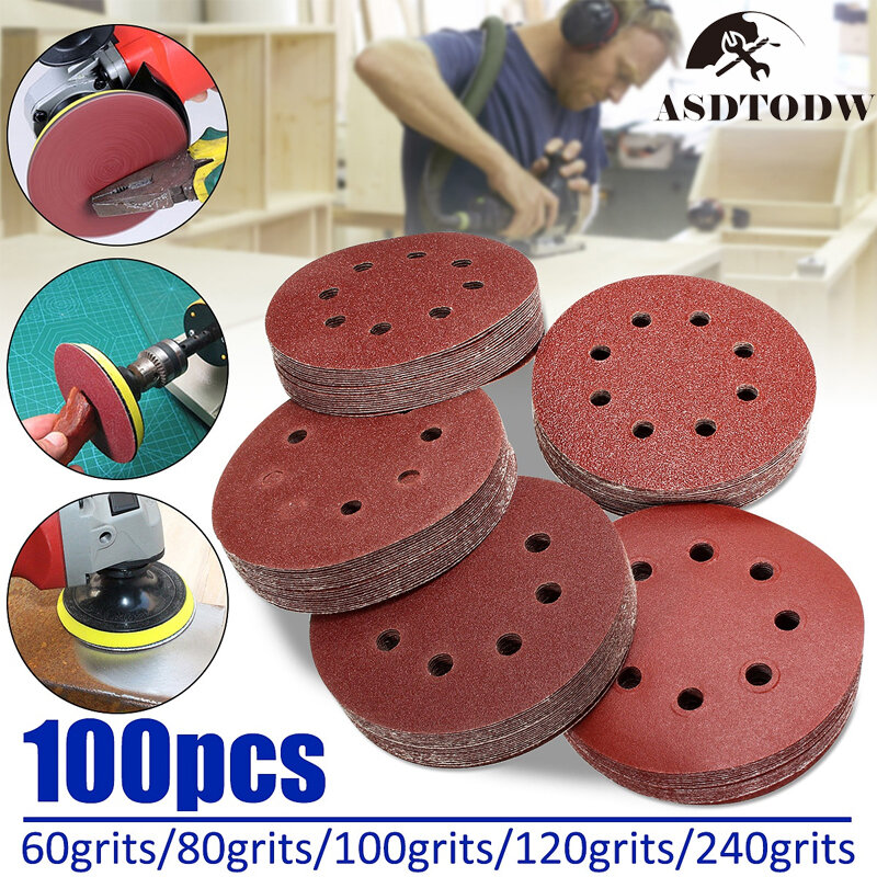 100pcs 125mm/5'' 60 80 100 120 240 Grit Round Shape Sanding Discs Buffing Sheet Sandpaper 8 Hole Sander Polishing Pad Each of 20
