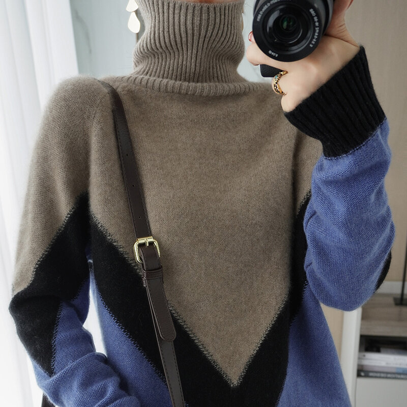 Lafarvie Rollkragen 100% Wolle Pullover Frauen Tops Herbst Winter Mode Patchwork Lange Hülse Lose Übergroßen Weiblichen Pullover XXL