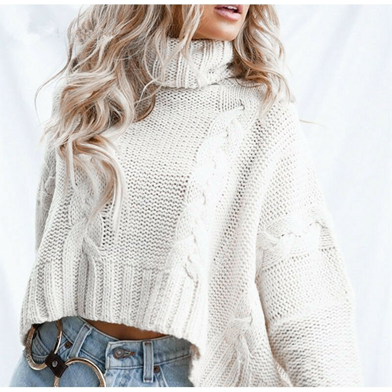 Baru Putih Pendek Turtleneck Sweater Wanita Musim Gugur Musim Dingin Rajutan Jumper Wanita Sweater Kasual Longgar Lengan Panjang Pullover Perempuan