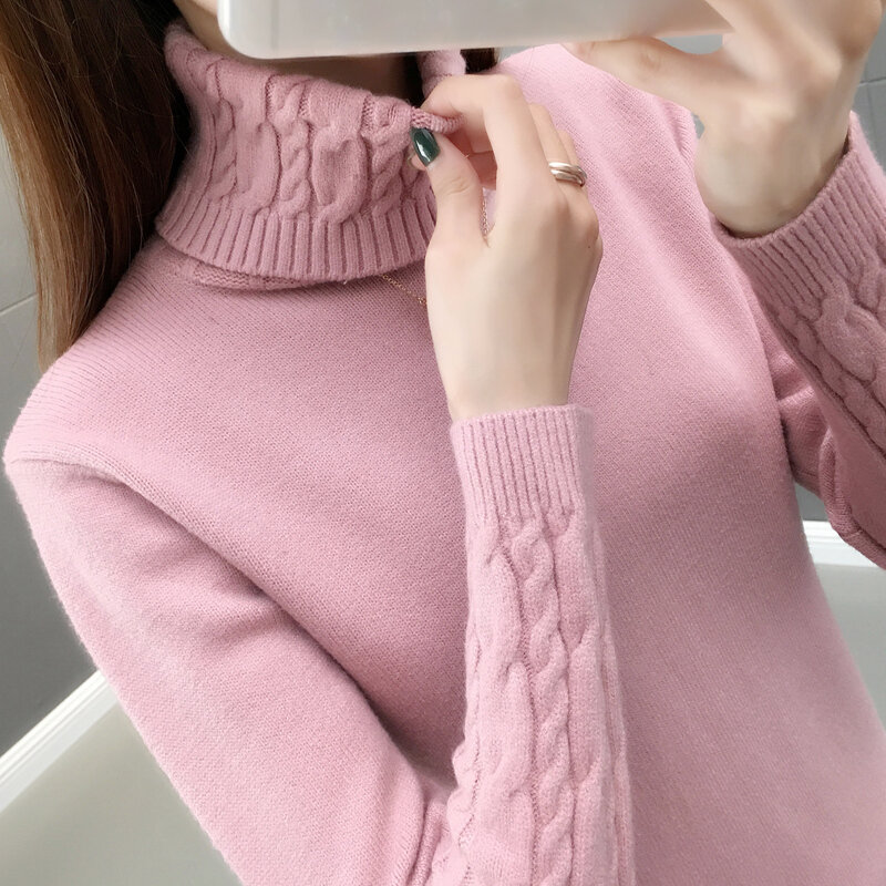Camisola feminina pullovers gola alta outono inverno suéteres novo 2021 manga longa grosso quente feminino camisola cáqui