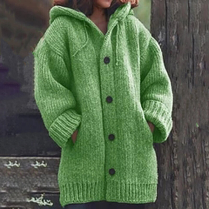 Suéter informal de manga larga para mujer, Chaqueta de punto con capucha de un solo pecho, Color sólido, a la moda, otoño e invierno, 2021