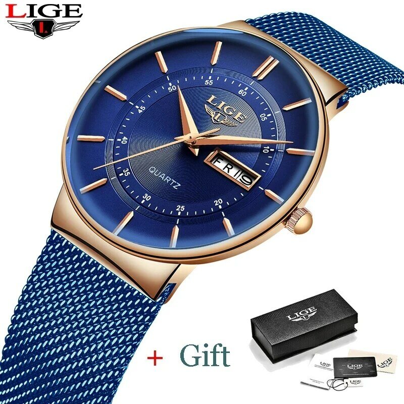 LIGE – montre à Quartz Ultra-fine pour femmes, marque de luxe, calendrier semaine, maille acier inoxydable, étanche, cadeau, boîte
