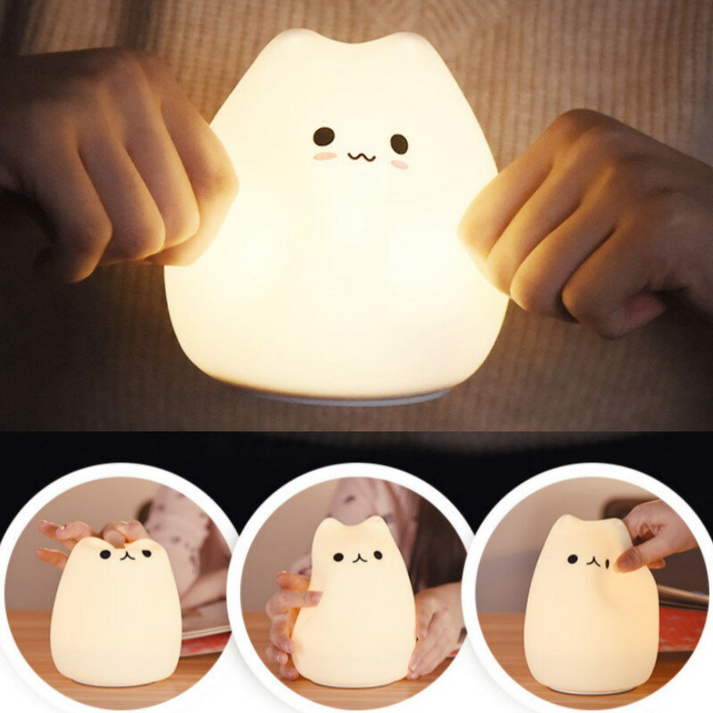 Cute LED Night Light Silicone Touch Sensor 7 Colors Cat Night Lamp Kids Baby Bedroom Desktop Decor Ornaments
