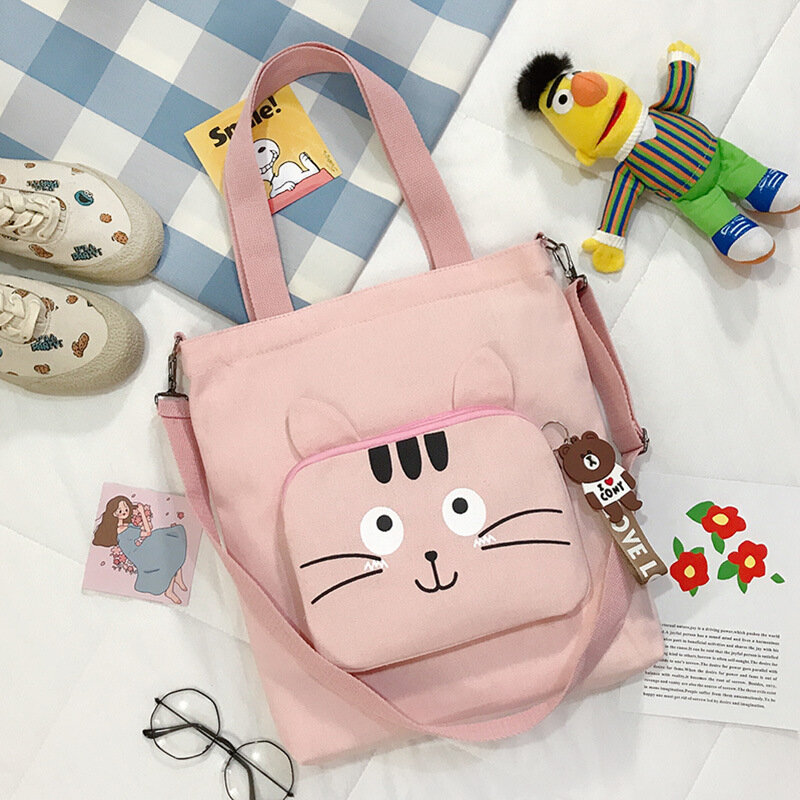 Tas Belanja Kucing Kartun KANDRA untuk Wanita Tas Tote Kanvas Belanja Dapat Dipakai Ulang Kasual Tas Bahu Kurir Gaya Korea Sekolah