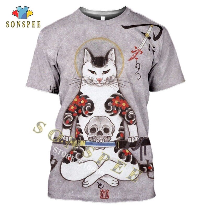 Impressão 3d japonês samurai gato tatuagem camiseta legal clássico arte feminina casual verão camiseta em torno do pescoço manga curta