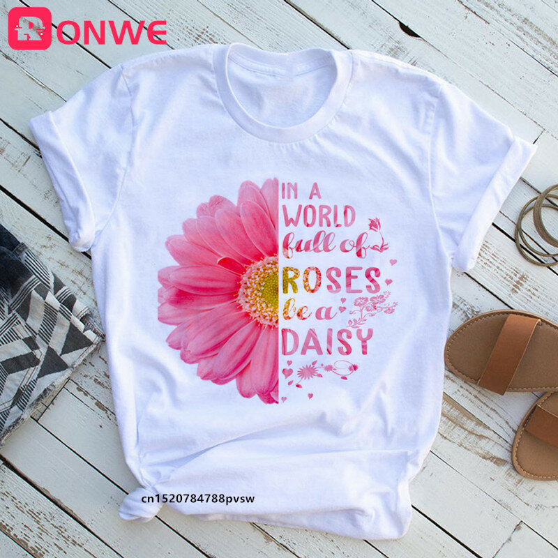 Blusa Cuello Pico Mujer Little Daisy Camiseta Estampada Flor 