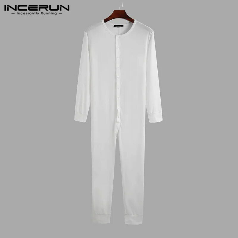 INCERUN piżama męska kombinezon Homewear jednokolorowy z długim rękawem wygodny przycisk rozrywka bielizna nocna mężczyźni pajacyki bielizna nocna S-5XL 7