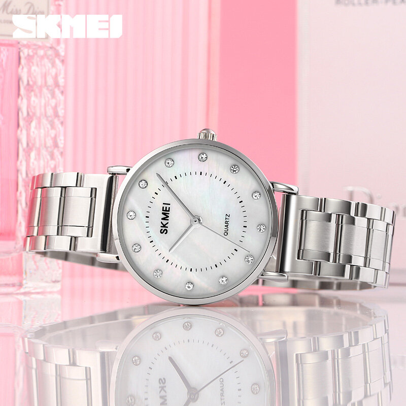 SKMEI-relojes de mujer con correa de acero, reloj de cuarzo de marca superior, reloj de pulsera informal, lo mejor para regalo