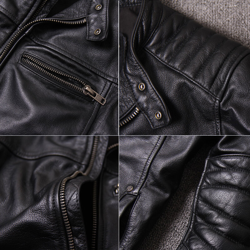 جاكيت راكب الدراجة النارية من الجلد الطبيعي للرجال ، ملابس دافئة ، نمط جديد ، أسود ، جلد البقر ، 18664-5