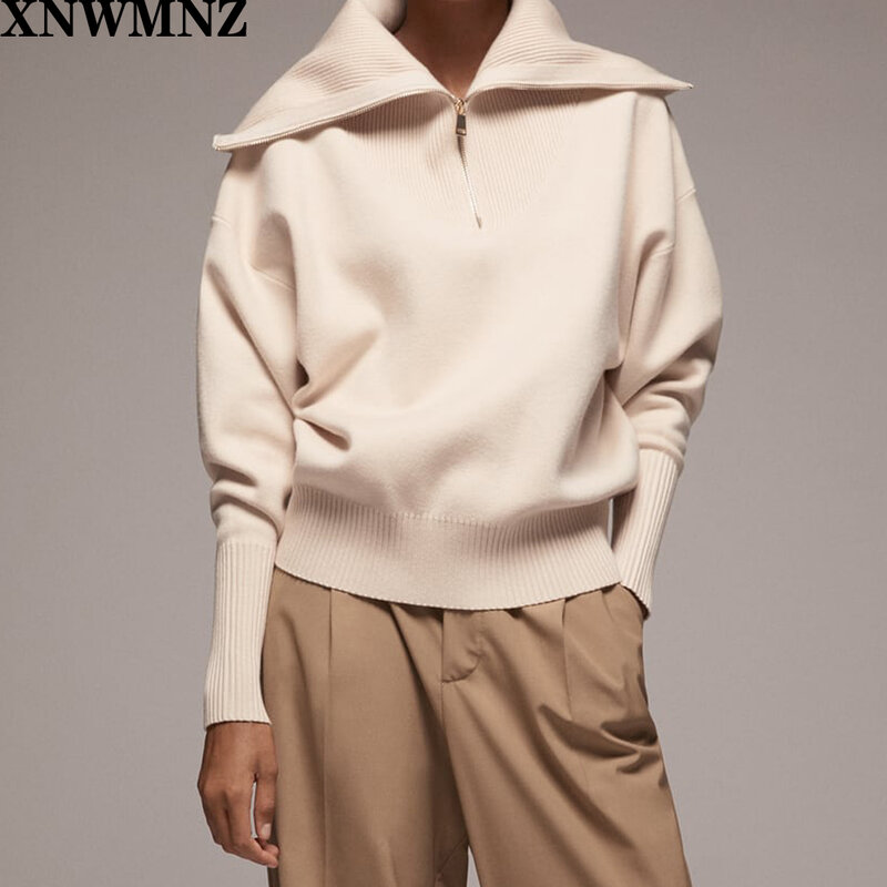 Xnwmnz Za Vrouwen 2020 Fashion Knit Zip-Up Sweatshirt Hoge Hals Zip Lange Geboeid Mouw Geribbelde Versieringen Vrouwelijke Truien chic Tops