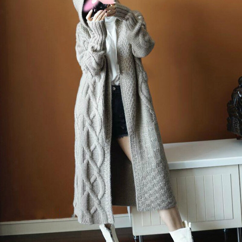 Venda quente outono inverno novo com capuz cashmere cardigan camisola feminina cor sólida grosso macio moda longo feminino manga longa topo
