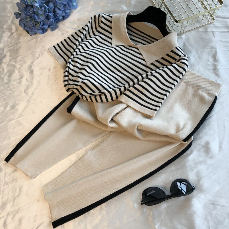 Women Tracksuit Summer Striped Blouse and Pants 2 Piece Sets Korean Casual Loose Outfits Knitted 2020 New Suits