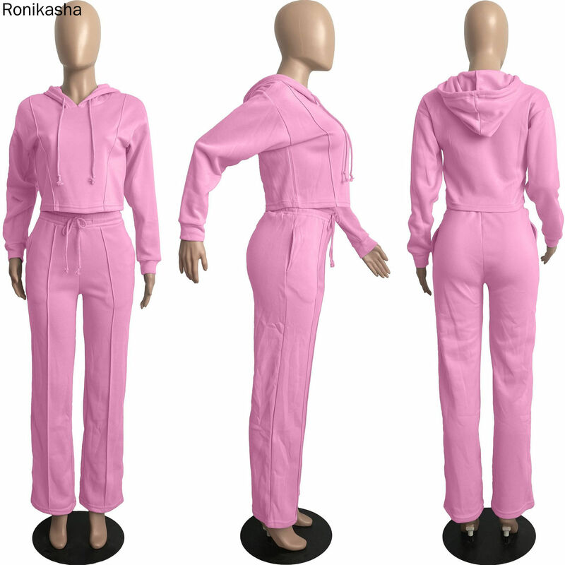 Комплект одежды Ronikasha женский из двух предметов, однотонный укороченный топ с капюшоном и расклешенные брюки, спортивный костюм для бега, на...