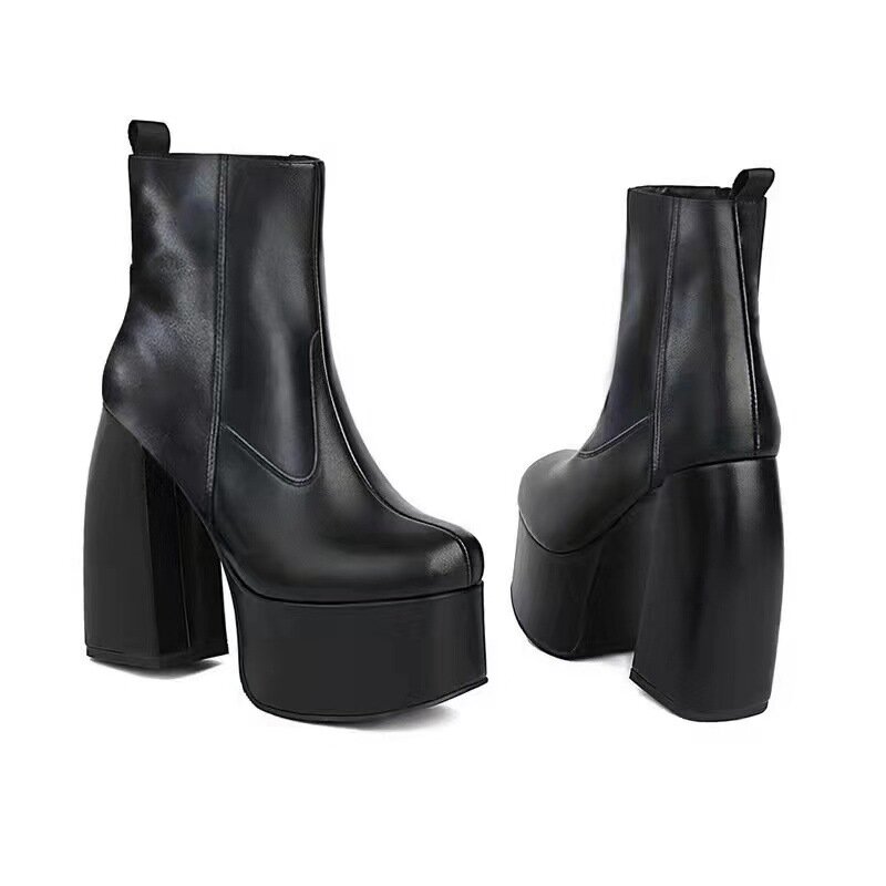 Termainoov Women Boots High Heels Chunky Platform Black Big Size 43 Winter Boots Knee High Boot Zipper Matrin Boot Party Shoes
