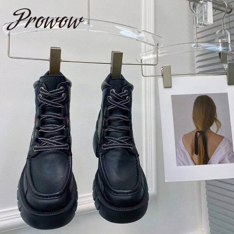 Prowow New Vintage Black Khaki Genuine Leather Designer Platform Boots lace Up HIgh Heel Desert Winter Boots Shoes Women
