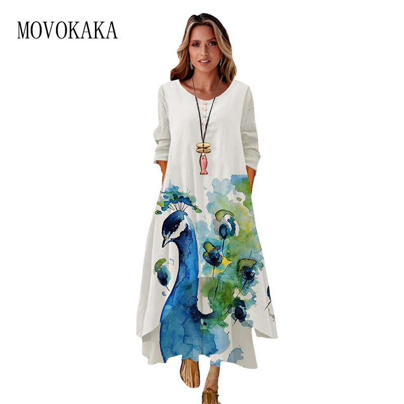 MOVOKAKA – robe longue blanche à col rond pour femmes, élégante, Slim, bouton, imprimé paon, manches longues, soirée, printemps, décontractée