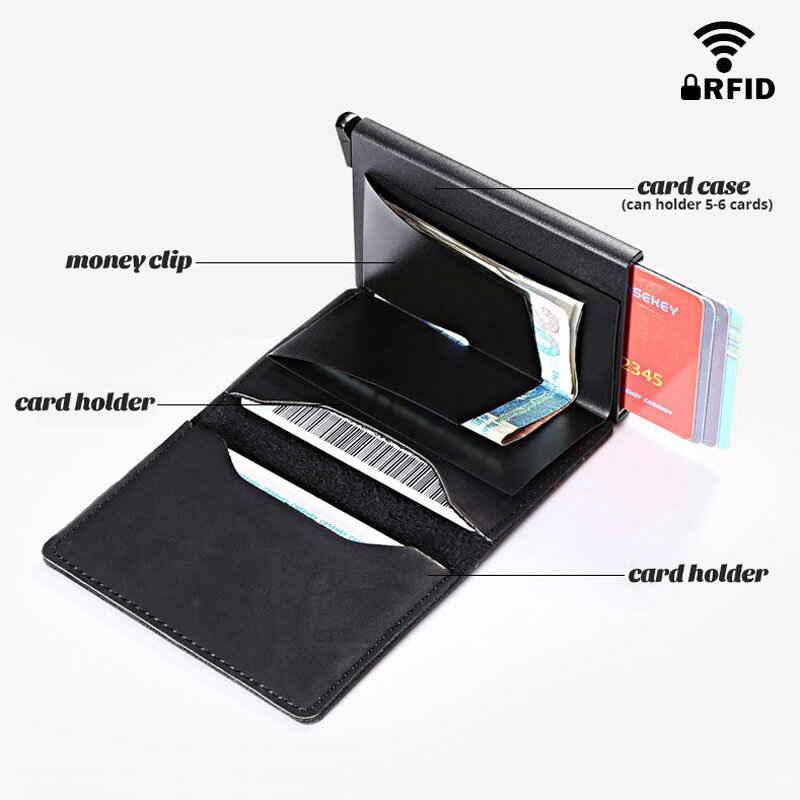 RFID Blocking fashion Automatic Leather Men Card Holder Simple And Generous Business Aluminum Alloy Metal Cardholder Thin Purse