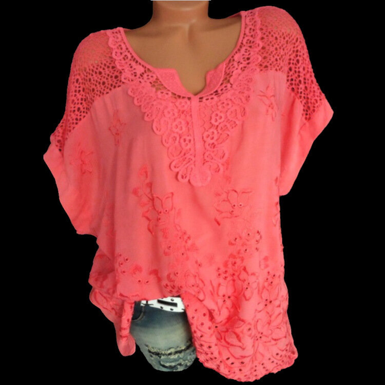 Blusa holgada bordada con manga media y cuello en V para verano, camisa informal con estampado Floral para mujer