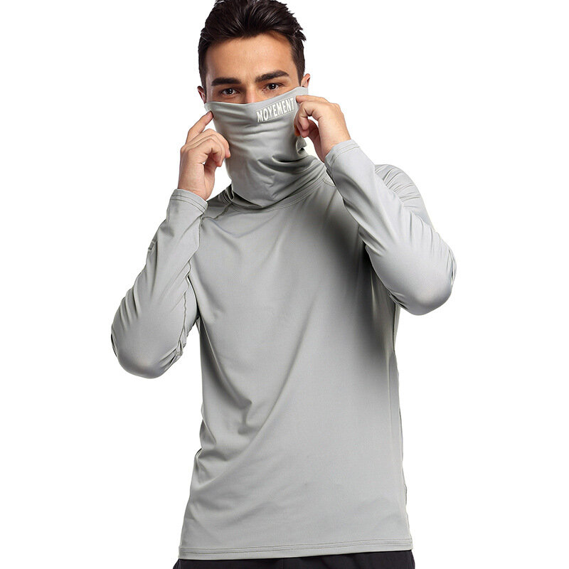 Camisa de compressão dos homens da máscara que corre a aptidão do pescoço alto t-shirts ginásio superior roupa interior térmica esportes baselayer inverno