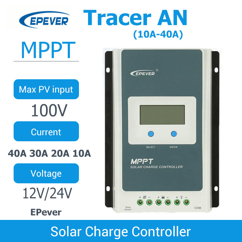EPever-MPPT 태양광 충전 컨트롤러, 40A 30A 20A 10A 트레이서 AN 시리즈 백라이트 LCD 레귤레이터, 납산 리튬 이온 배터리용