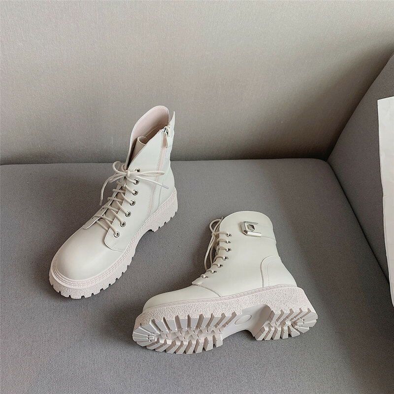 Botas con cordones para mujer, botines con punta redonda, impermeables, con cremallera, antideslizantes, de tacón medio grueso, invierno, 2021