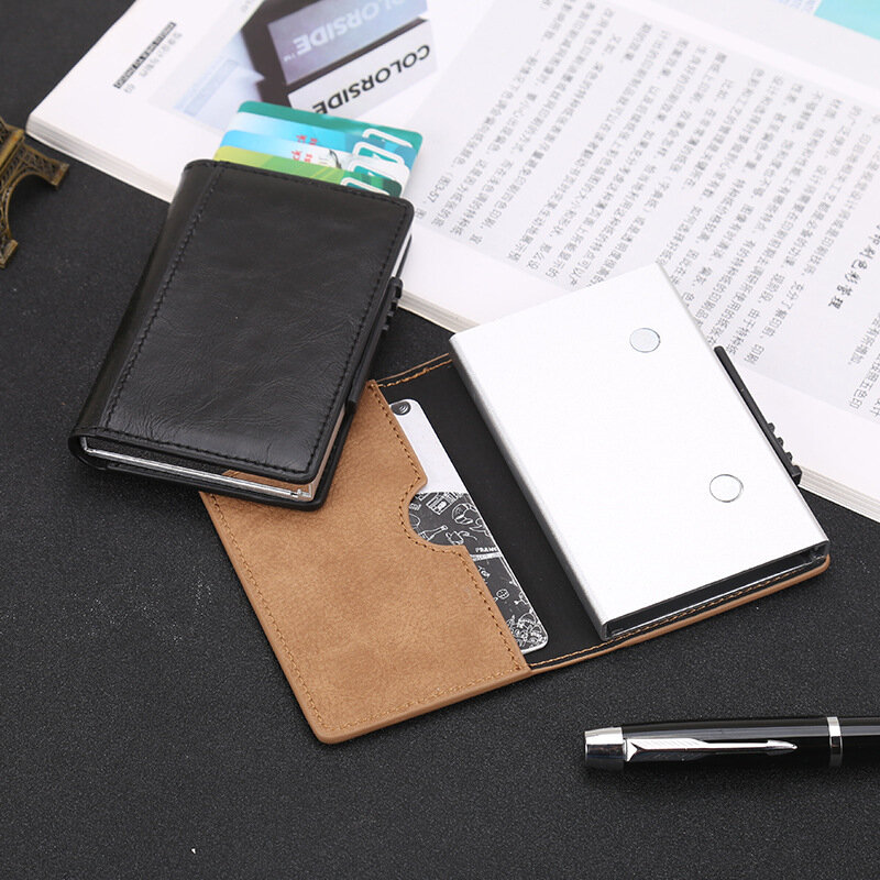 2019 nowych mężczyzna aluminiowy portfel odwróć kieszonkowe etui na dowód osobisty RFID blokowanie Mini magiczny portfel ze skóry PU automatyczna karta kredytowa moneta kiesa