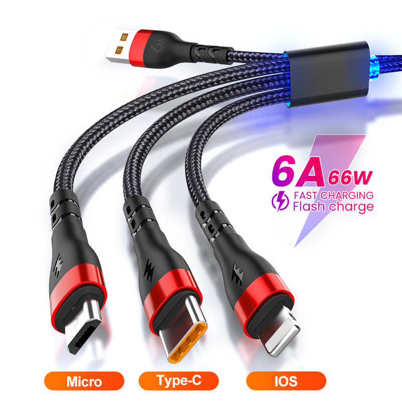 6a 3in1 cabo usb carregador rápido cabo de carregamento para o iphone 14 13 12 pro max tipo c xiaomi 11 huawei p40 samsung s20 cabo do carregador