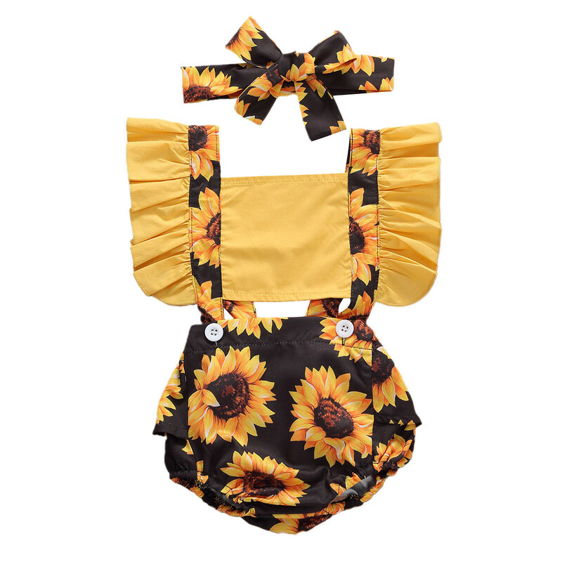 Verão nova moda bebê recém-nascido meninas roupas de verão girassol macacão manga plissado macacão bandana outfits 0-24m