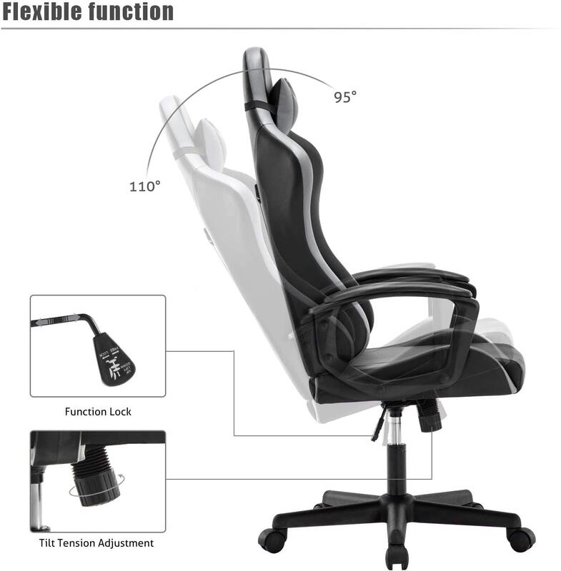 사무실 게임 의자, 회전 기능, 뒤 지원 및 조정 가능한 머리 받침 및 요추 쿠션이있는 하이 백 레이싱 의자