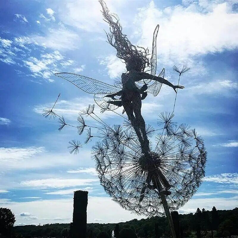 Pixies Fairy Garden Sculptures Stake Metal Fairies and Dandelions Dance Together Landscape Miniature Figurine Lawn Decorative