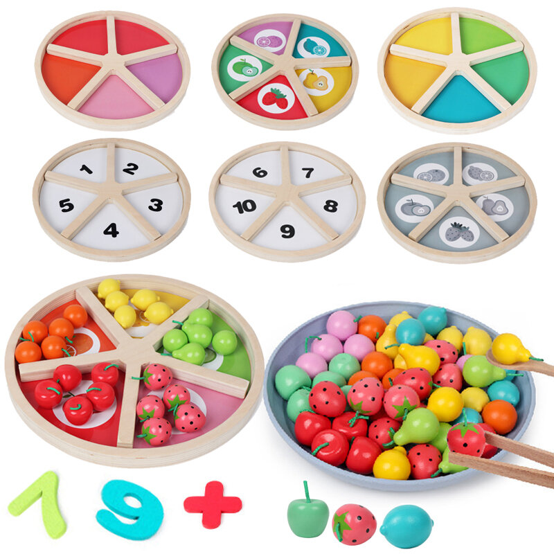 Kid's Education Rainbow Blocks Simulation Fruit Classification Toys Learning Color Math Pretend Play Clip Fruits Toys