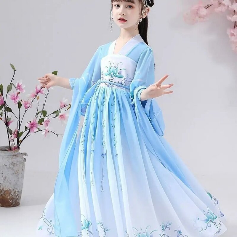 중국어 어린이 파티 코스프레 어린이 전통 고대 요정 Hanfu 의상 한 당나라 소녀 Hanfu 중국어 공주님 드레스
