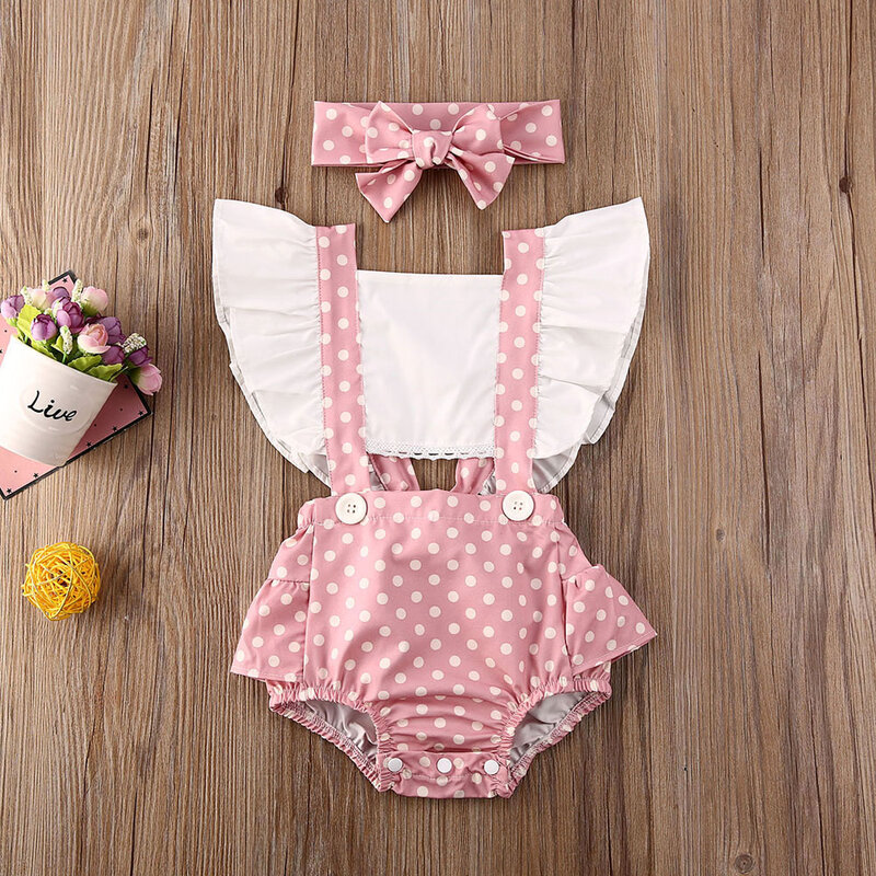 Bebê da criança menina bodysuits bandana 2 pçs polka dot impressão babados manga curta playsuit outfits conjunto 0-24m
