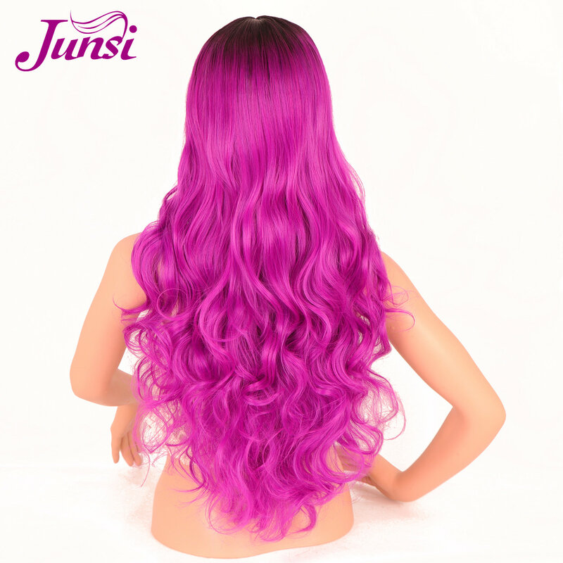 JUNSI-Peluca de pelo largo ondulado para mujer afroamericana, cabellera sintética de color rubio platino, parte media Natural, para Cosplay
