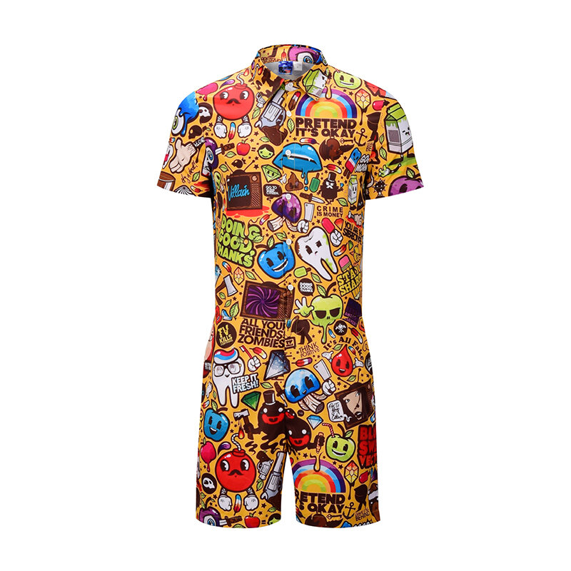 Korte Heren Jumpsuits Pyjama Mode Pyjama Mannen Nachtkleding Korte Mouwen Jumpsuit Voor Mannelijke Volledige Cartoon Afdrukken Volwassen Onesie