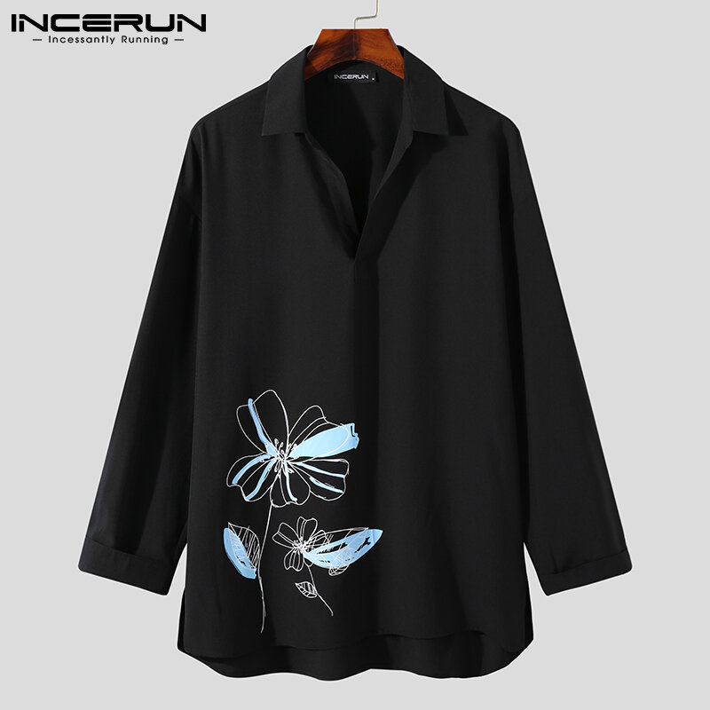 INCERUN 2021 New Shirts For Men's Korean Style All-match Casual Art Ink Flower Blouse Printing Hot Sale Long-sleeve Shirt S-5XL