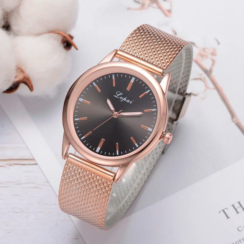 Relógio de pulso feminino clássico, relógio com ponteiro em ouro rosê, da moda, com pulseira de malha, para presente