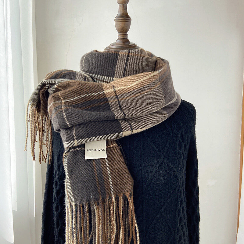 Bufanda gruesa y cálida con estampado a cuadros para mujer, con borlas chal de Cachemira, Foulard de punto para invierno