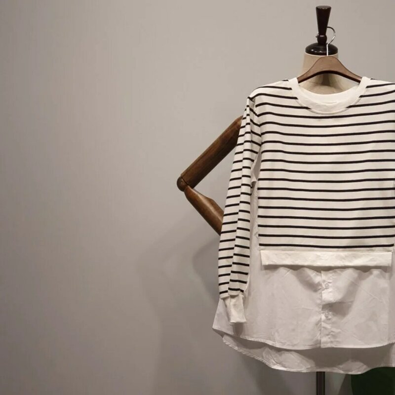 Outono novo 2021 coreano moda stripe splicing blusa em torno do pescoço manga longa falso dois casual solto simplicidade feminina