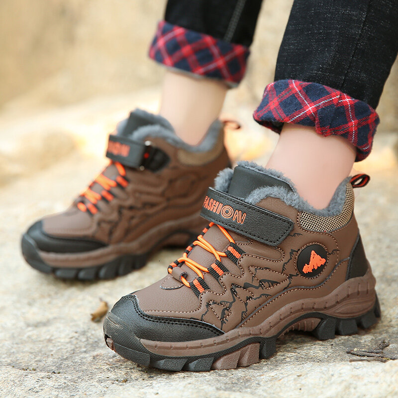 Zapatos de senderismo para niños, zapatillas muy cálidas más algodón, antideslizantes, de cuero, impermeables, para Trekking y escalada