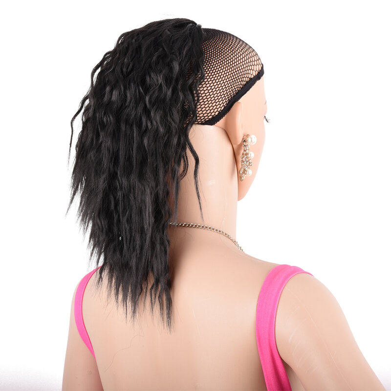 Short Wavy Ponytail Extension Synthetic Drawstring Ponytail Clip in Hair Extensions for Women Black Fake Hair