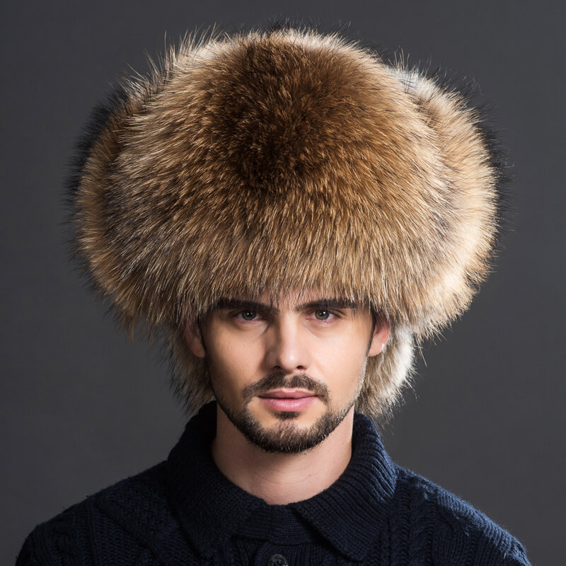 Chapéu aviador de pele real para homens, chapéu de pele de guaxinim, raposa prateada 100%, chapéus de esqui do homem russo, bonés de couro real