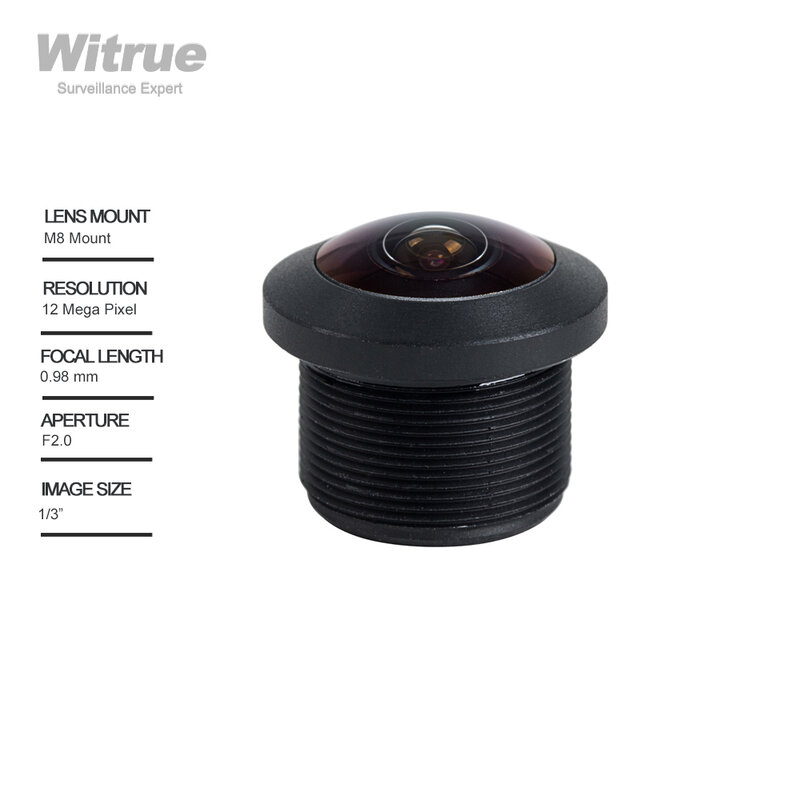 Witrue Fish eye CCTV Lens 0.98MM 225 Degree HD 12MP M8 X P0.35 Mount 1/3" F2.0 for Car Camera Vending Machine